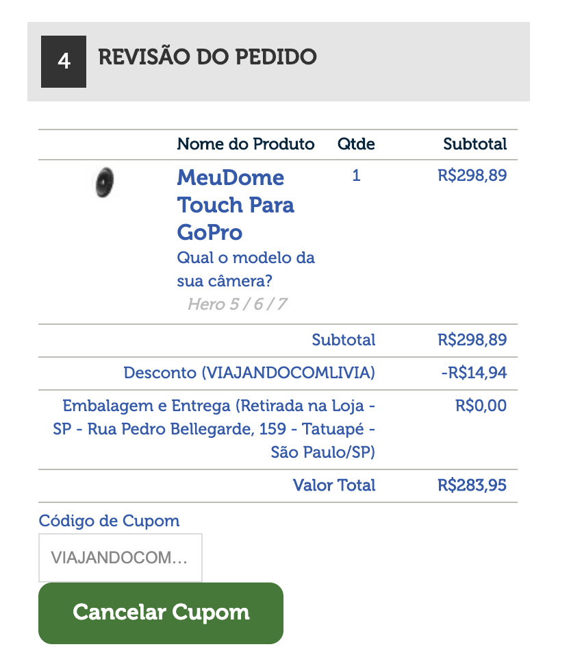 utilizando cupom de desconto no site do meu dome