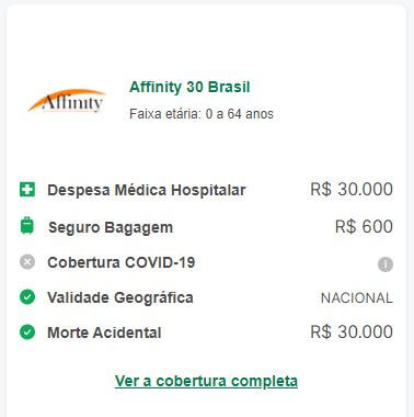 seguro viagem nacional Affinity 30 Brasil