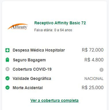 seguro viagem nacional Receptivo Affinity Basic 72 COVID-19 SILVER28