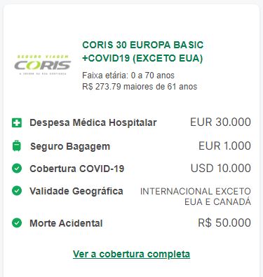 seguro viagem portugal coris 30 europa basic +covid19 exceto eua