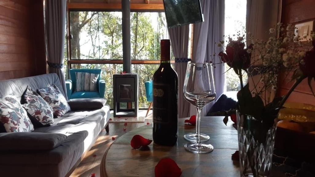 Sala de chalé com janelão, lareira e no detalhe vinho e taças, em Chalés românticos em Campos do Jordão