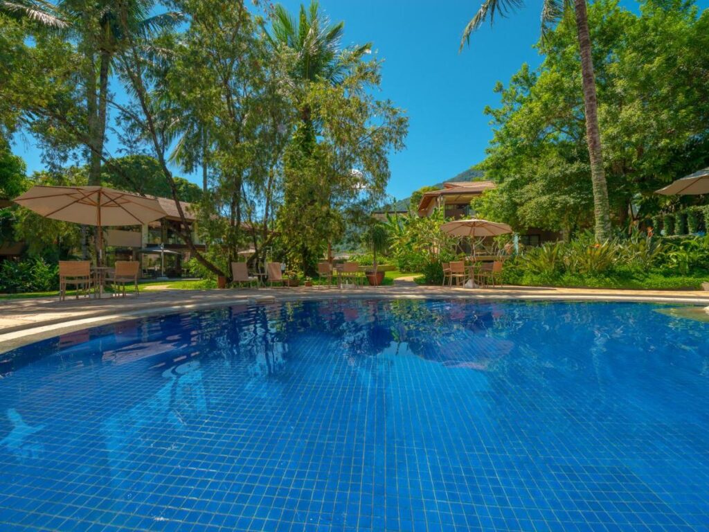 Piscina ao ar livre, rodeada por árvores