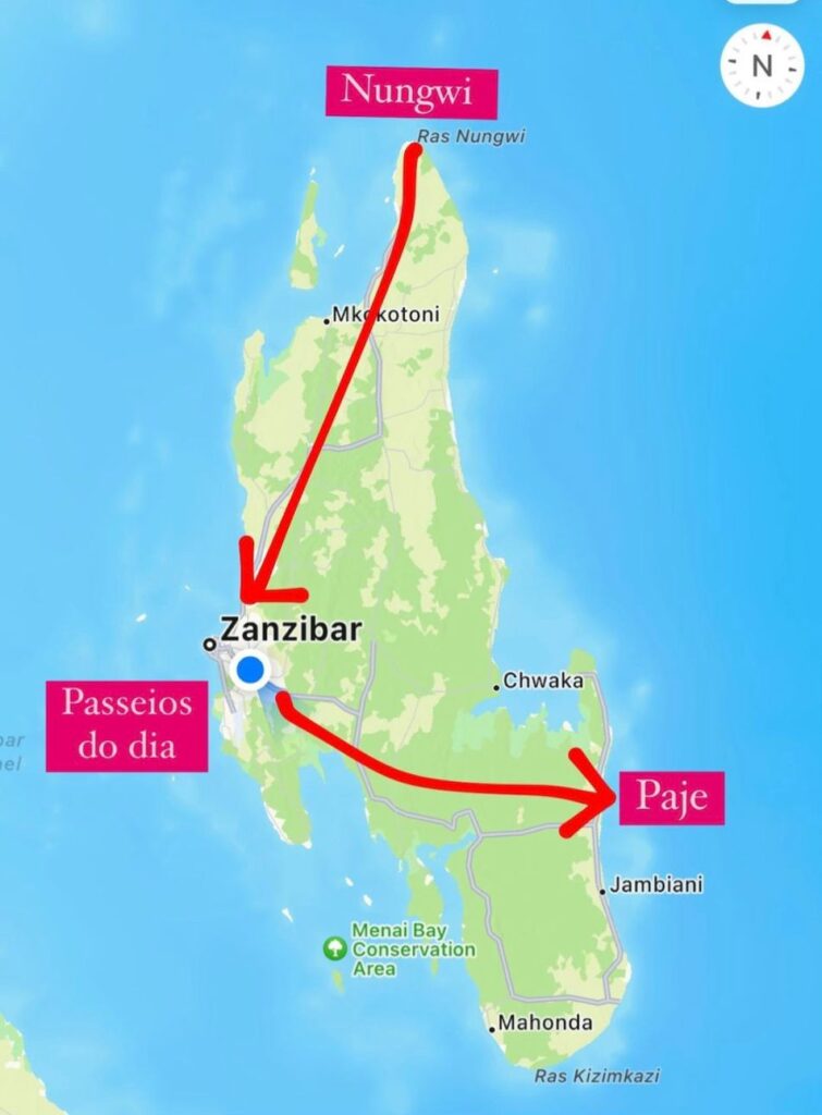 Mapa com informações sobre a ilha de Zanzibar. Onde ficar em Zanzibar
