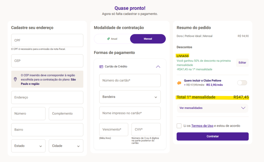 Pagamento da Petlove cupom de desconto - Viajando com Livia
