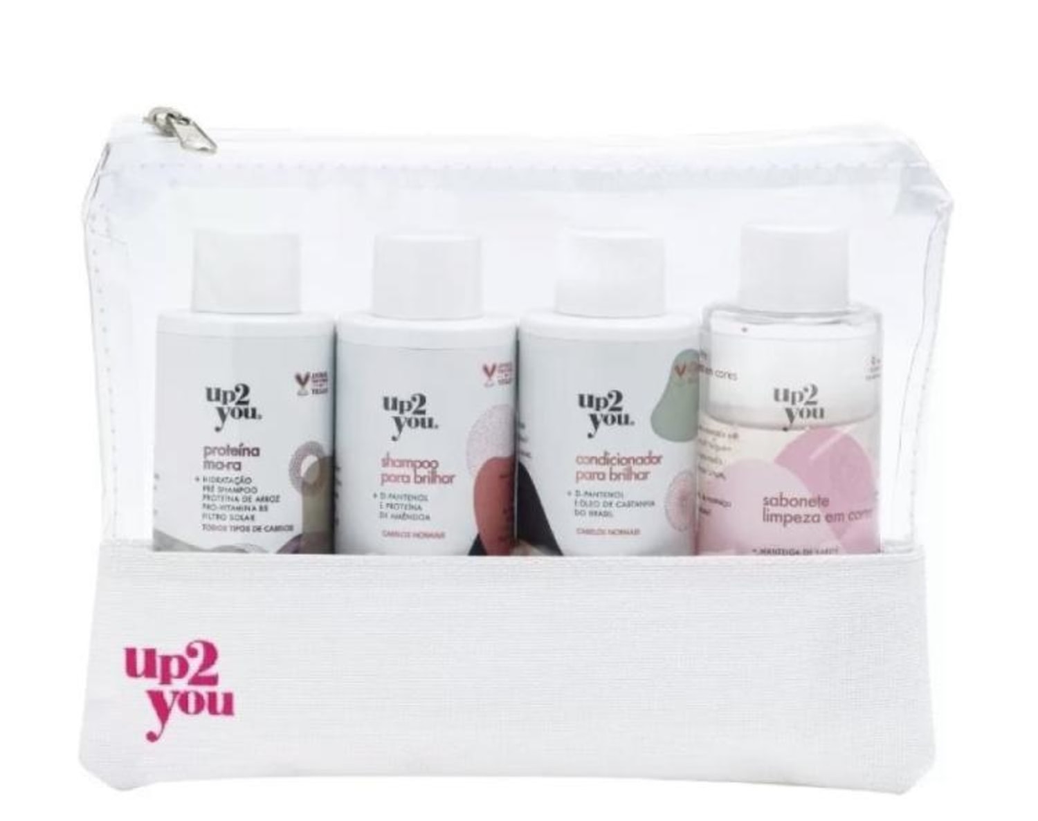 Kit com tratamento, em tamanho miniatura, para todos os tipos de cabelos, sabonete líquido e nécessaire. Up2You Travel Size traz best sellers e uma necessaire para você levar em sua viagem!