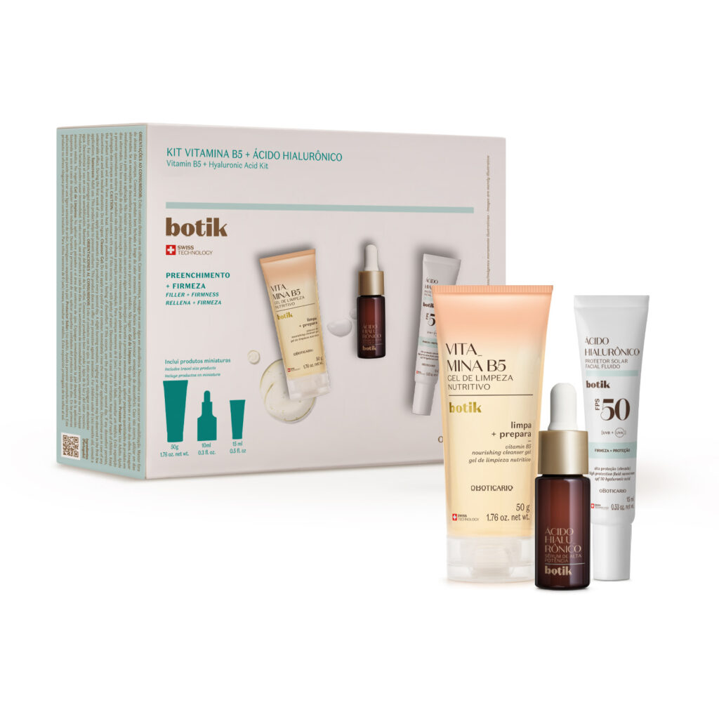 O  Mini kit Botik Ácido Hialurônico entrega três itens em miniatura para as etapas importantes da sua rotina diária de skincare: o sérum facial, com seu poder de tratamento e cuidado, e o protetor solar, a última e essencial etapa do cuidado para a pele. Com Ácido Hialurônico e Vitamina B5, em um passo a passo para uma pele mais firme e com rugas e linhas de expressão preenchidas: