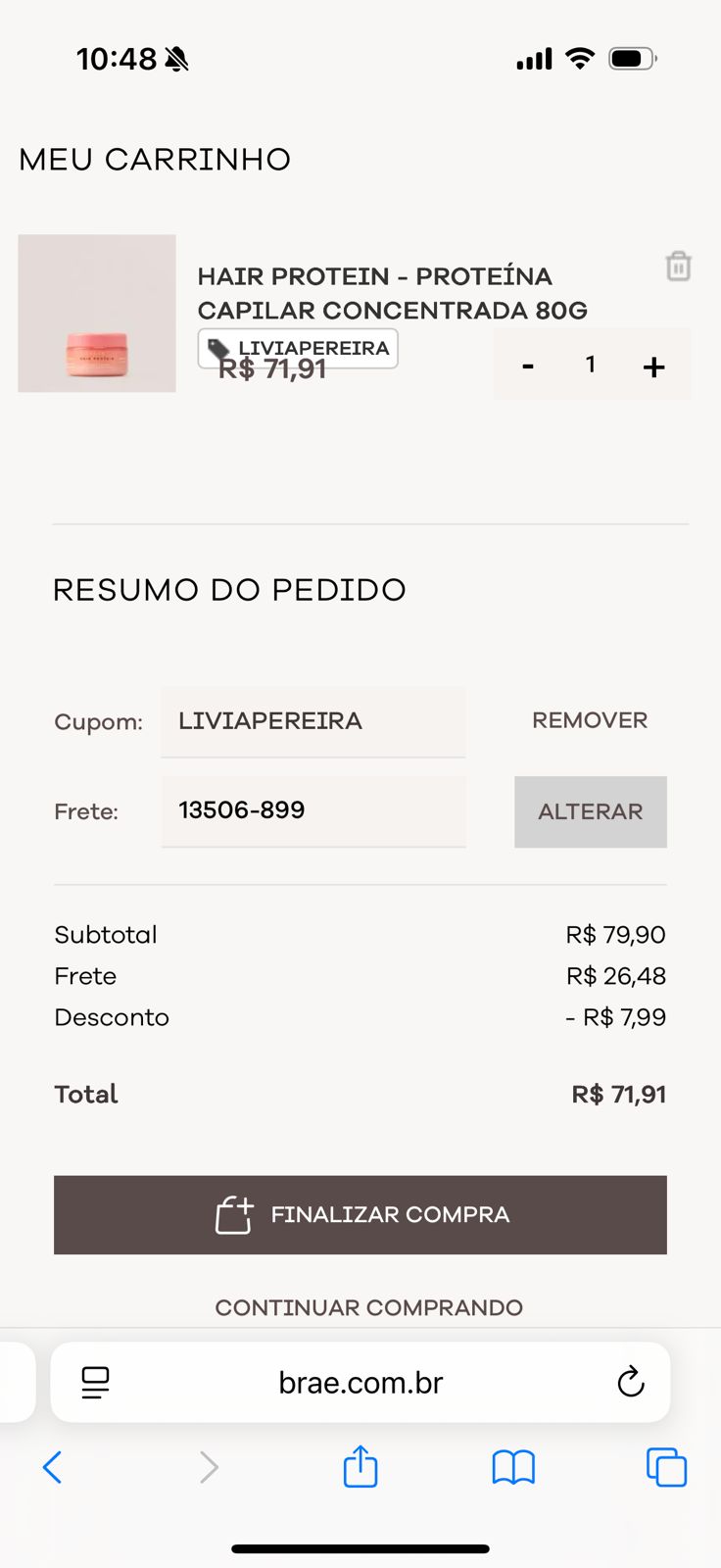 Carrinho de compra Braé em simulação de compra com cupom