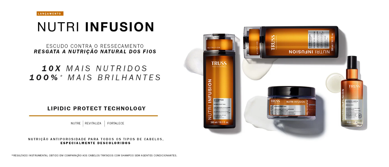 Apresentação do lançamento Truss Nutri Infusion com shampoo, condicionador, máscara e óleo capilar.