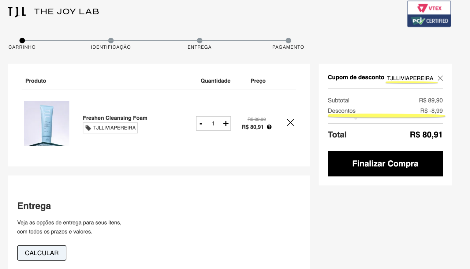Carrinho de compras da The Joy Lab com desconto aplicado