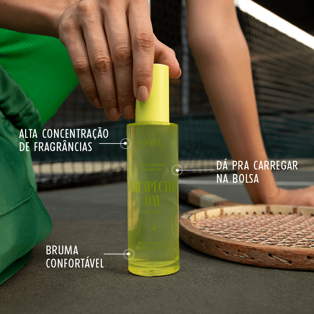 O Perfume Mist Unexpected Day é mais do que apenas uma fragrância, é uma fonte de energia para enfrentar o dia. Com notas refrescantes de pera e maçã verde, proporciona uma sensação revigorante. As delicadas flores de violeta e laranjeira adicionam sofisticação, enquanto a baunilha e o chantilly trazem conforto doce. Perfeito para carregar, é o companheiro ideal para todos os momentos, garantindo intensidade e vitalidade em cada experiência.