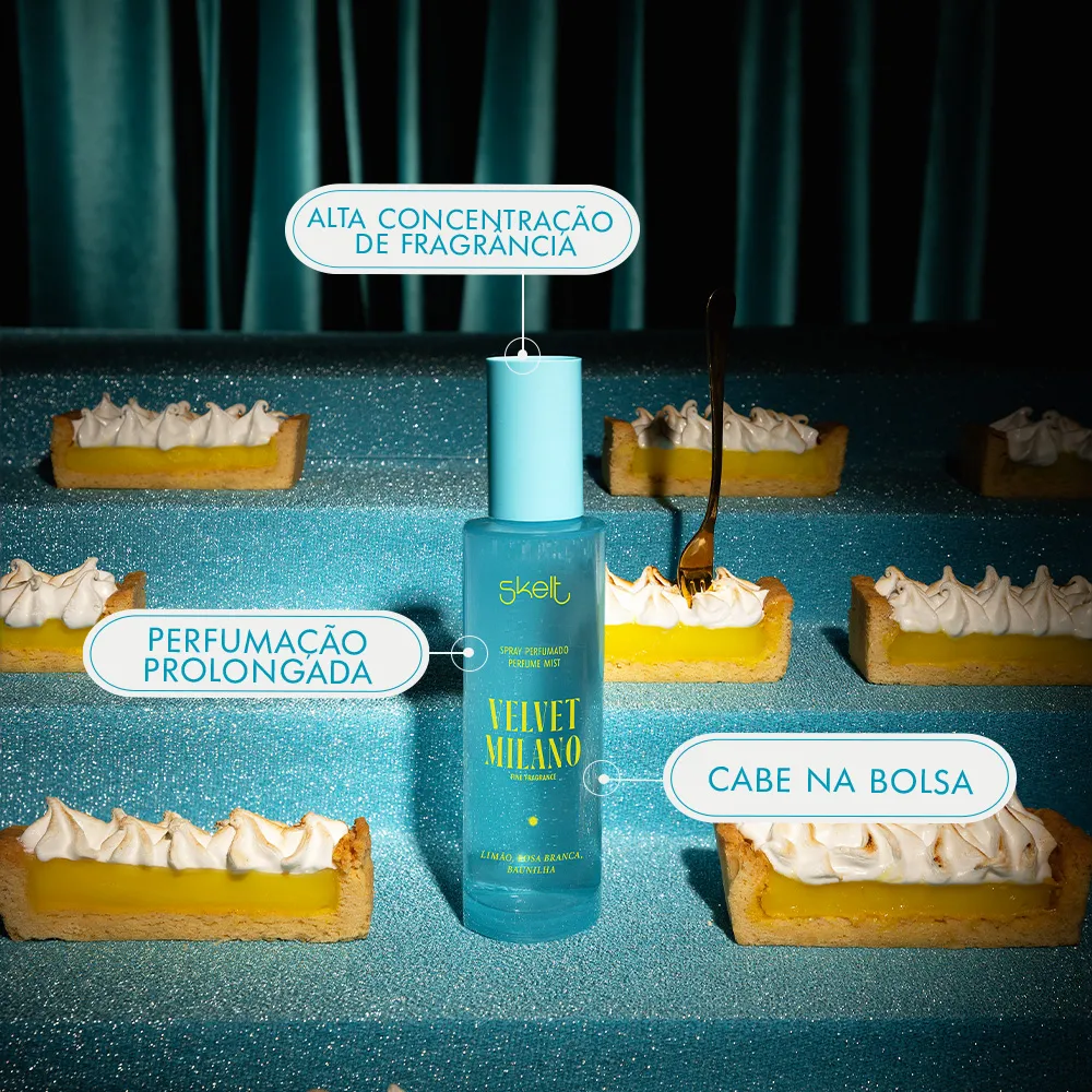 O Perfume Mist Velvet Milano foi desenvolvido pelos melhores perfumistas para transformar momentos em memórias únicas, descontraídas e luxuosas. Com alta fixação e projeção duradoura, é o toque perfeito para que as comemorações do dia a dia se tornem inesquecíveis.
Marcante e envolvente, a fragrância gourmand promove sensações que prolongam o prazer de celebrar. As notas de entrada combinam limão, bergamota, maçã e laranja, proporcionando uma diversão aveludada. Acrescentando uma sofisticação intensa, notas de rosa branca, jasmim, frutas vermelhas, sândalo, baunilha e musk, evocando a magia da festa por mais tempo.