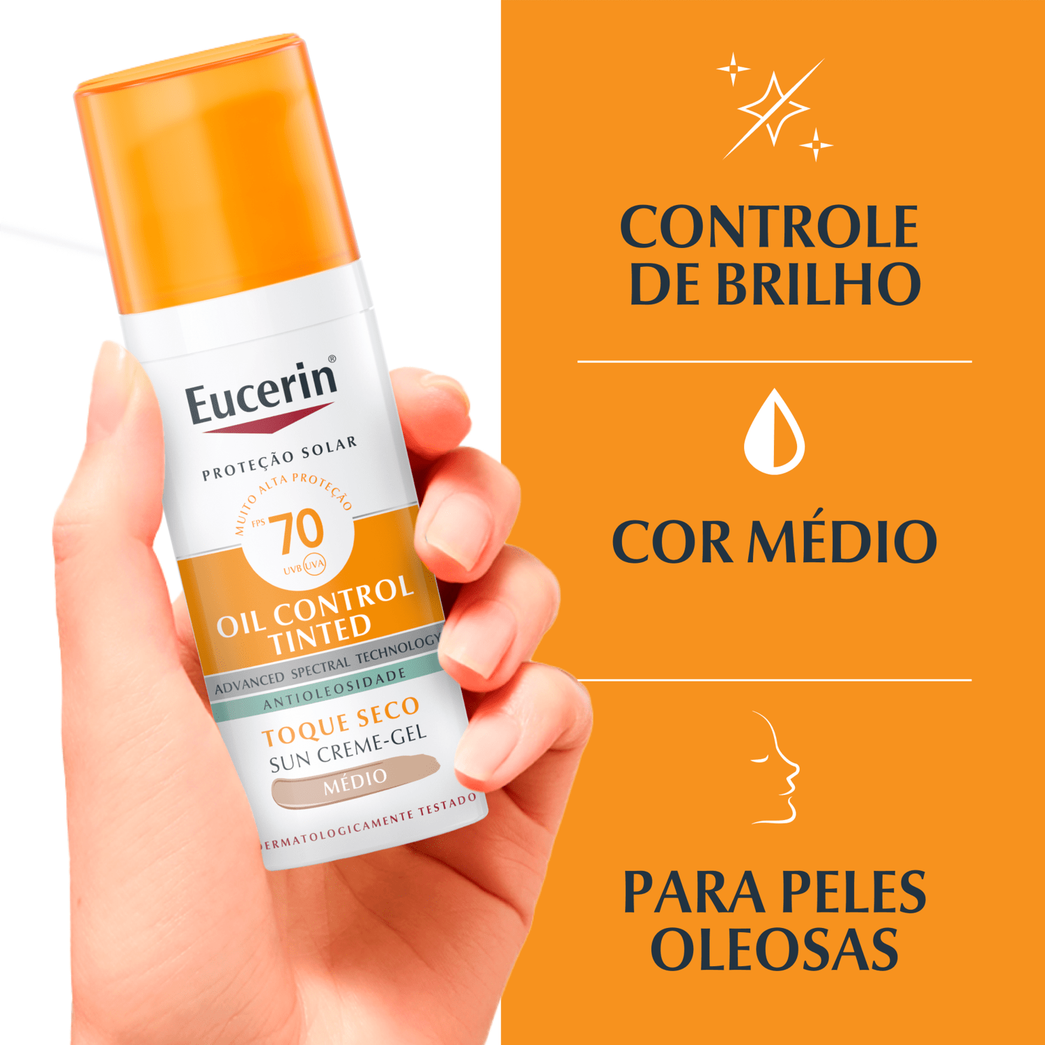 O Protetor Solar Eucerin Sun Oil Control Tinted cobre imediatamente imperfeições da pele, com a opção de dois tons, claro e médio, para uma pele mais uniforme. Além disso, fornece proteção adicional ao combate de radicais livres causados pela luz visível e garante rápida absorção e toque seco.