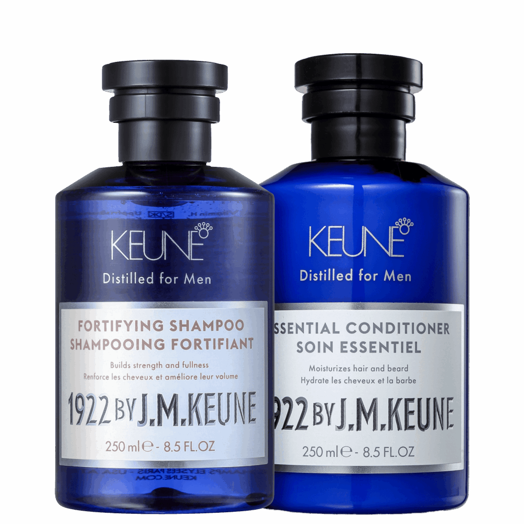 Kit masculino para cabelos com queda. Kit Keune 1922 by J. M. Keune Fortifying Essential Duo revitaliza, fortalece e condiciona os fios, al&eacute;m de prevenir a queda.