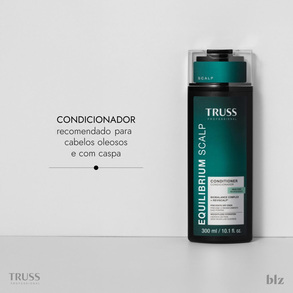 Condicionador para cabelos oleosos e com problema no couro cabeludo. TRUSS Equilibrium Scalp previne o ressecamento, sem pesar.