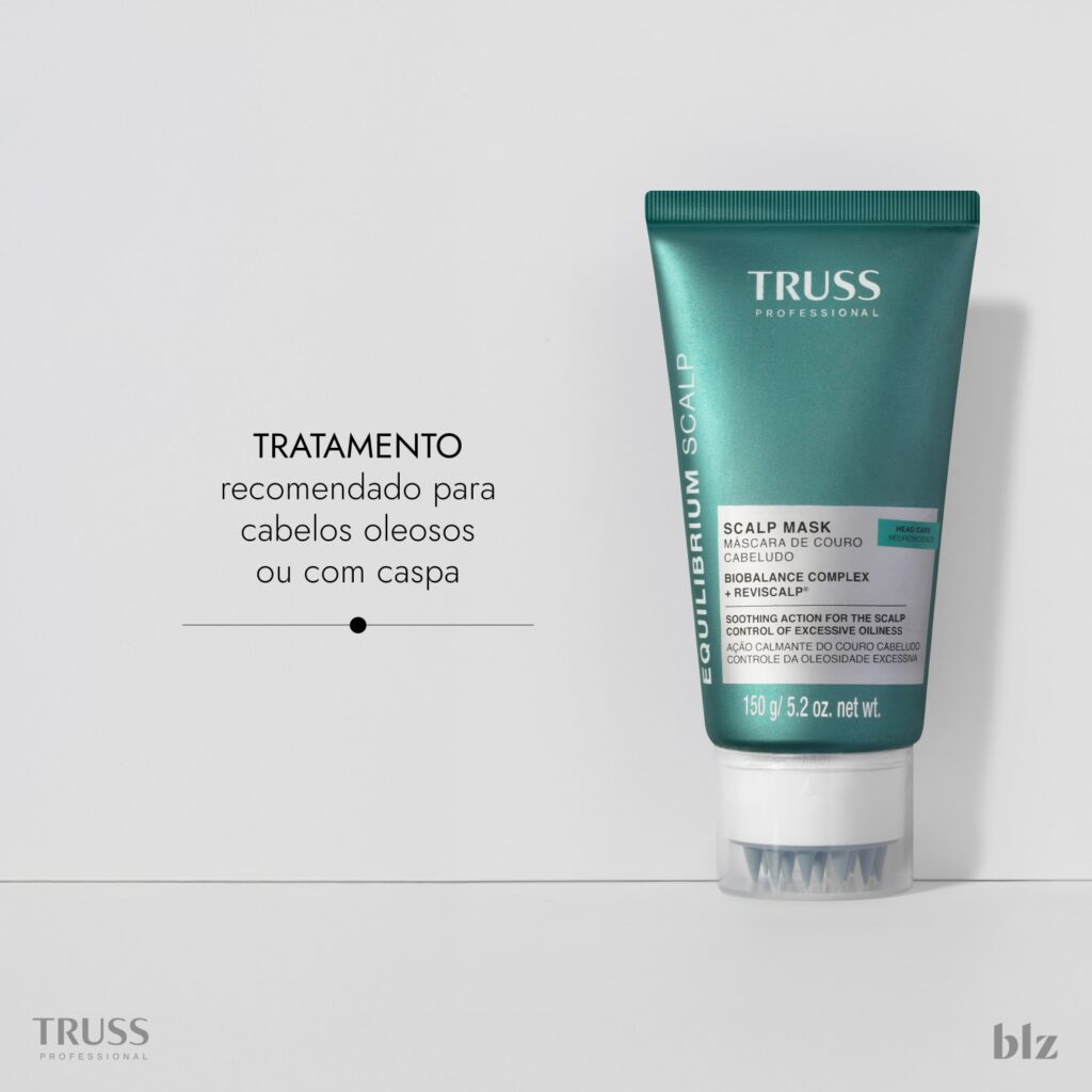 M&aacute;scara para couro cabeludo. TRUSS Equilibrium Scalp acalma e promove sensa&ccedil;&atilde;o de al&iacute;vio do desconforto.


