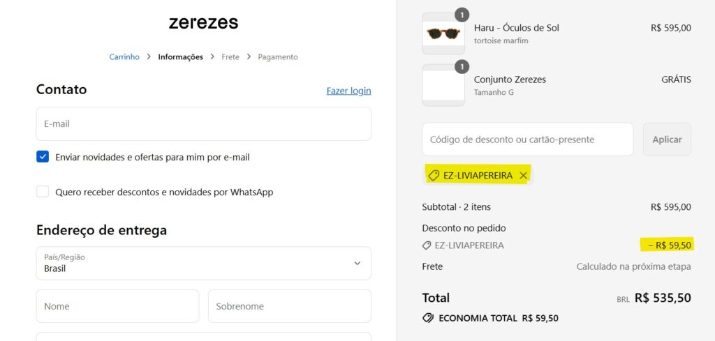 Cupom de desconto Zerezes