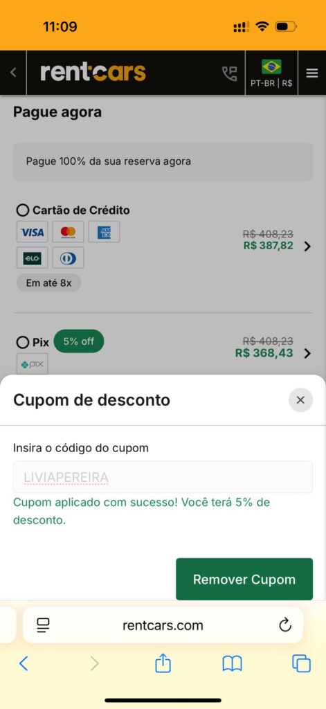 Use o cupom LIVIAPEREIRA e garanta 5% de desconto na locação de veículos.