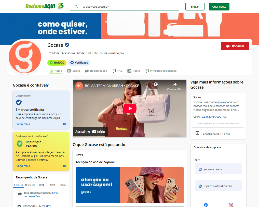 Gocase com reputa&ccedil;&atilde;o m&aacute;xima no Reclame aqui