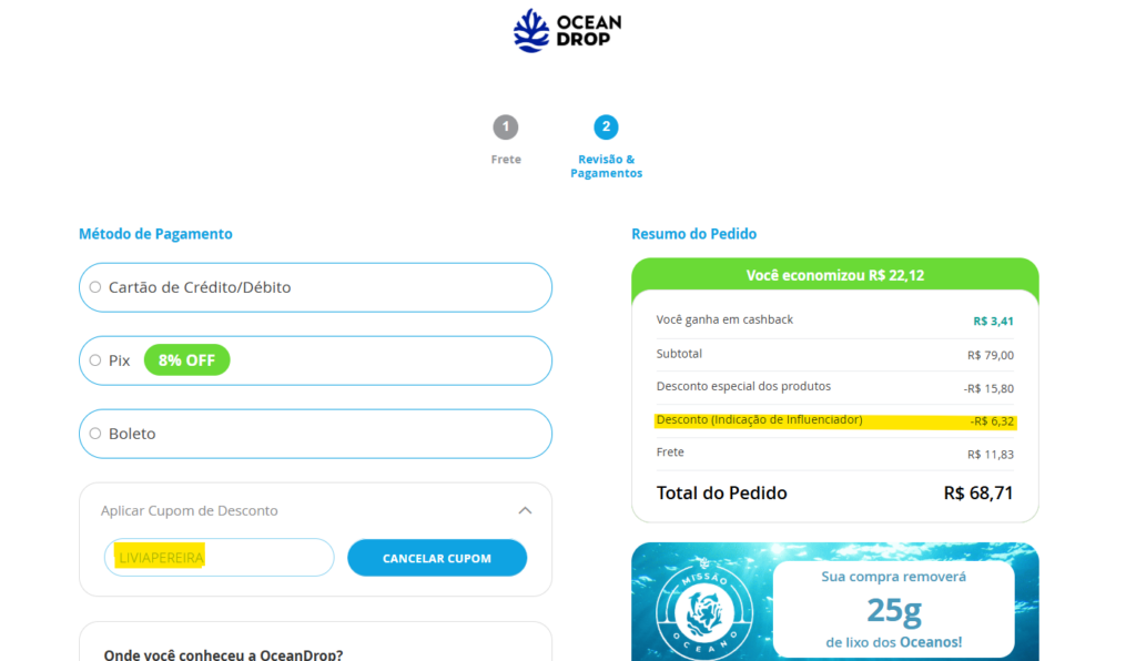 Cupom de desconto Ocean Drop