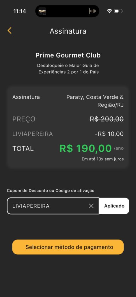Use o cupom LIVIAPEREIRA para garantir seu desconto na assinatura Prime Gourmet.