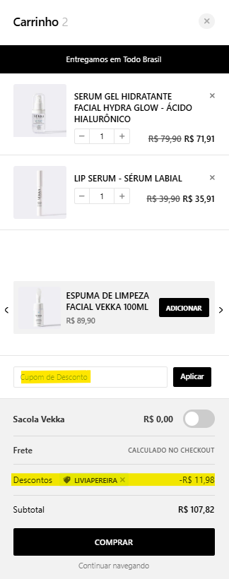 Cupom de desconto Vekka LIVIAPEREIRA pra 10% extra