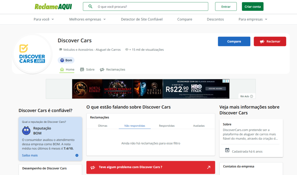 DiscoverCars com a reputação boa no Reclame Aqui!