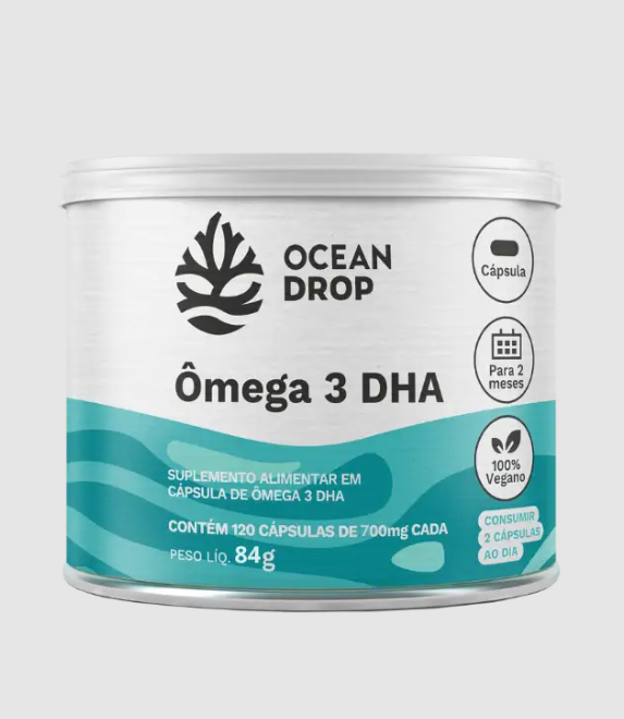 Ômega 3 DHA Ocean Drop ajuda na saúde cognitiva, visão, concentração e bem-estar cardiovascular, com alta concentração de DHA.