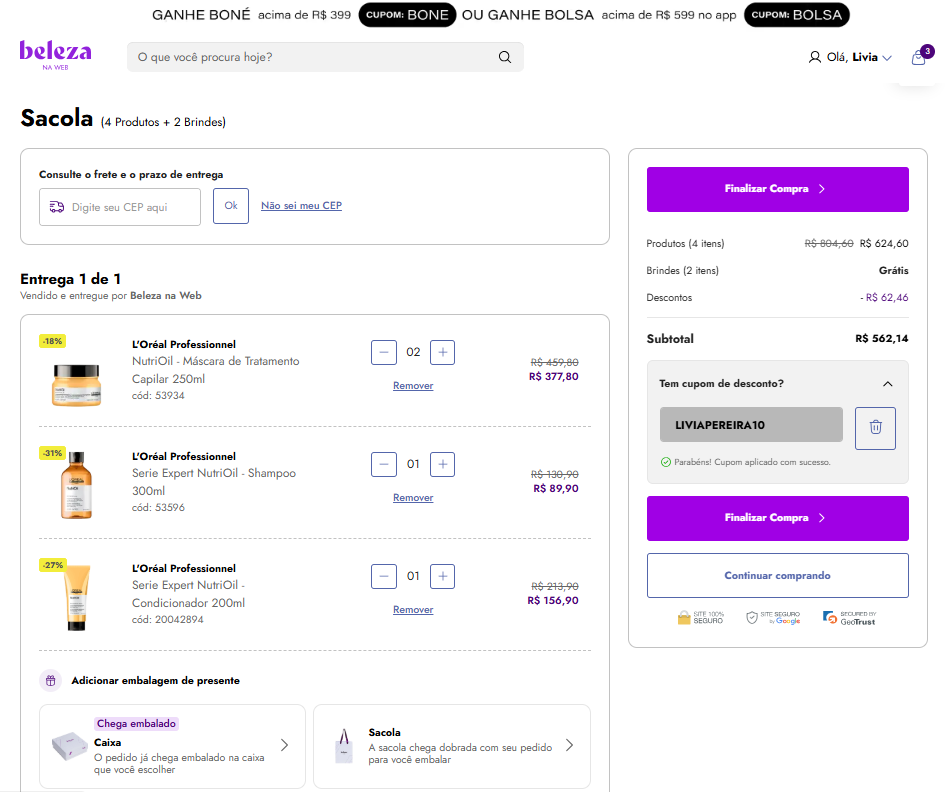 Com o cupom LIVIAPEREIRA10, você recebe 10% de desconto.