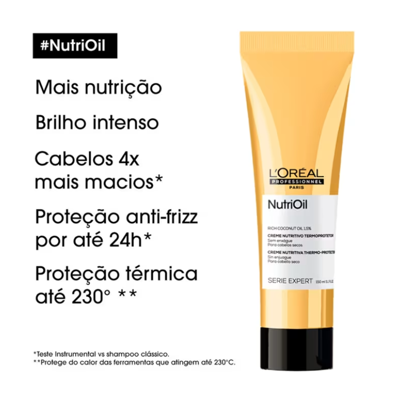 Leave-in para cabelos secos e ressecados. L'Oréal Professionnel NutriOil a solução ideal para fios secos e sem brilho. Sua fórmula profissional com óleo de coco proporciona a dose certa de nutrição para fios instantaneamente transformados, mais macios e brilhantes. Dê adeus ao ressecamento e olá à vitalidade!