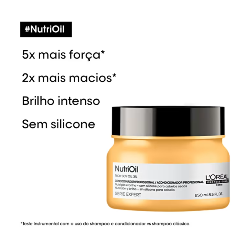 Máscara de tratamento para cabelos secos e sem brilho. L'Oréal Professionnel NutriOil desenvolvida para quem busca nutrição intensa e um brilho espetacular, sua fórmula profissional transforma os fios, devolvendo a maciez e a vitalidade perdidas.