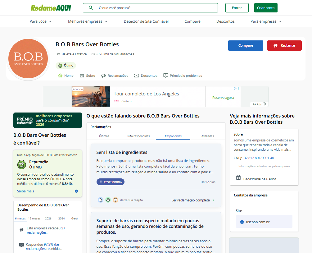 Avaliação da marca BOB no Reclame Aqui