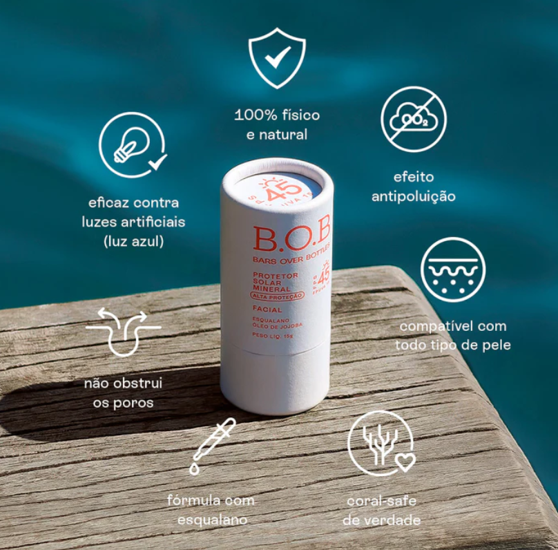 Protetor Solar Mineral FPS 45 B.O.B: alta proteção de amplo espectro com filtros 100% minerais, toque seco, acabamento matte e resistência à água e ao suor. Ideal para proteger a pele diariamente, inclusive as mais sensíveis. Use o cupom LIVIAPEREIRA10 e garanta 10% OFF.