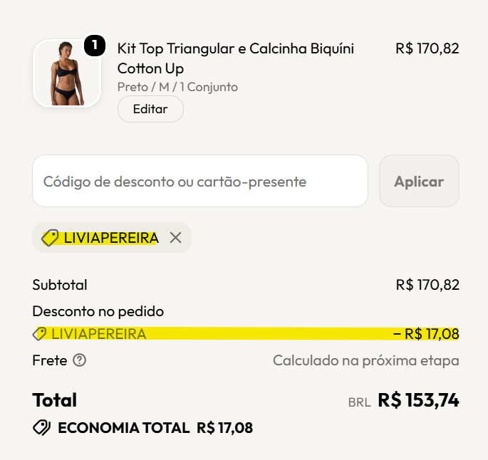 Carrinho de produtos Toda Up com desconto de 10% aplicado com o código LIVIAPEREIRA