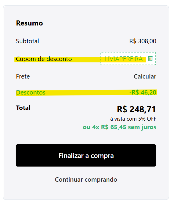 Tela do check out com o cupom LIVIAPEREIRA aplicado com 10% de desconto