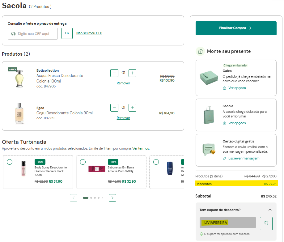 Imagem mostra o check out do o Boticário com desconto de 10% aplicado com o cupom LIVIAPEREIRA